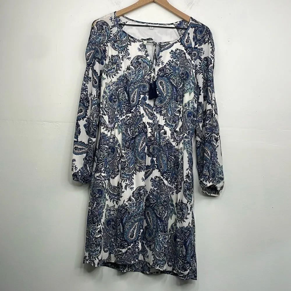 DR2 by Daniel Rainn Blue White Paisley Shift Dress Tassel Tie Neck Split MEDIUM